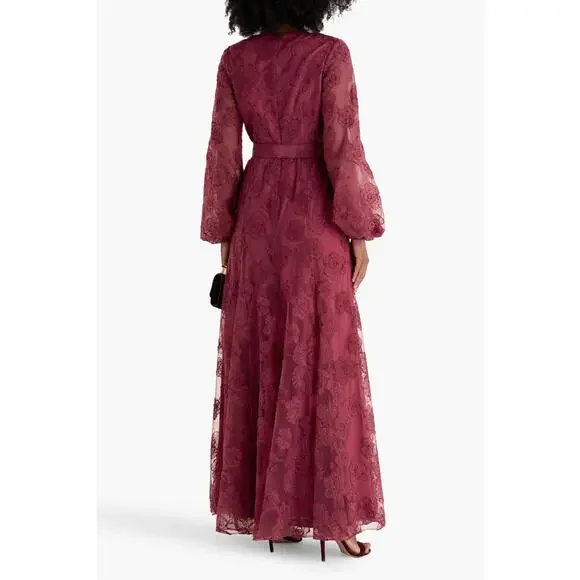 New, Badgley Mischka Belted Embroidered Tulle Gown in Burgundy Size 12 #LD062